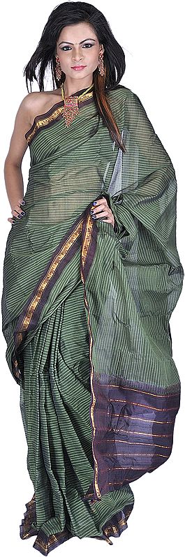 English Ivy-Green Handwoven Gadwal Sari with Zari and Striped Anchal