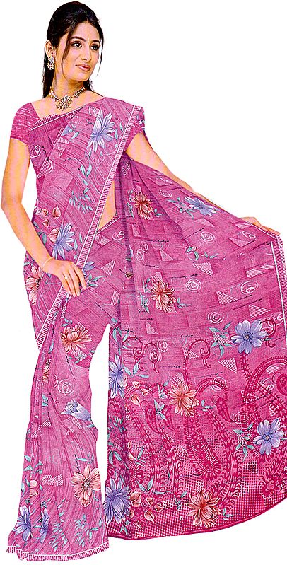 African-Violet Sari with Large Printed Flowers and Thread Work