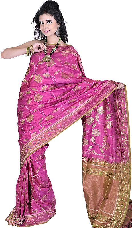 Very-Berry Banarasi Sari with All-Over Woven Flowers by Hand and Brocaded Aanchal