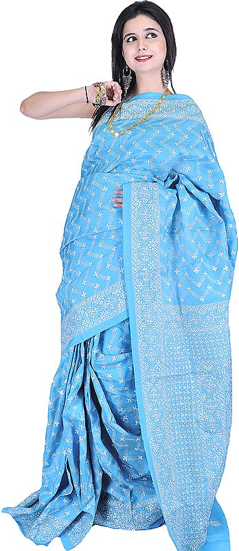 Cendre-Blue Designer Sari with Kantha Stitched Embroidered Flowers by Hand