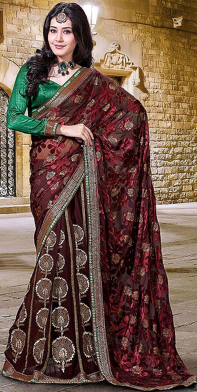 Oxblood-Red Wedding Lehenga-Sari with Metallic Thread Embroidered Flowers and Patch Border