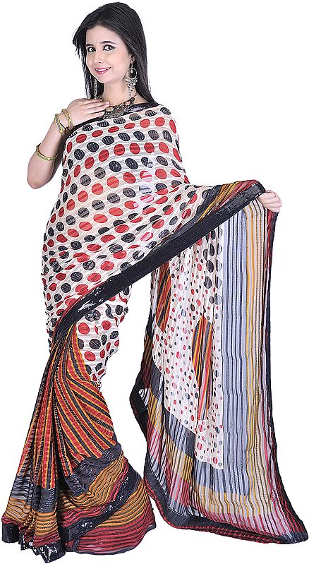 Beige Mokaish Sari with Printed Polka Dots and Sequins Embroidered Patch Border