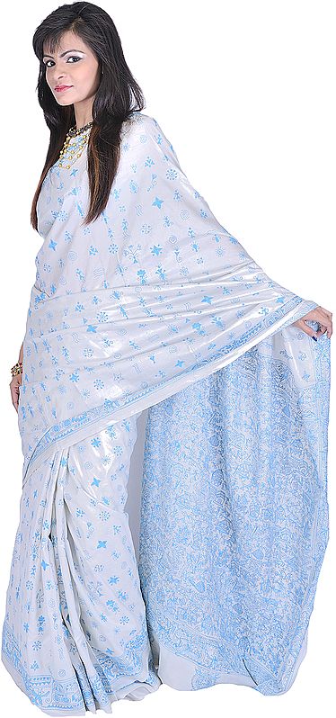 Snow-White Sari with Kantha Stitched Embroidered Folk Figures Inspired by Warli Art