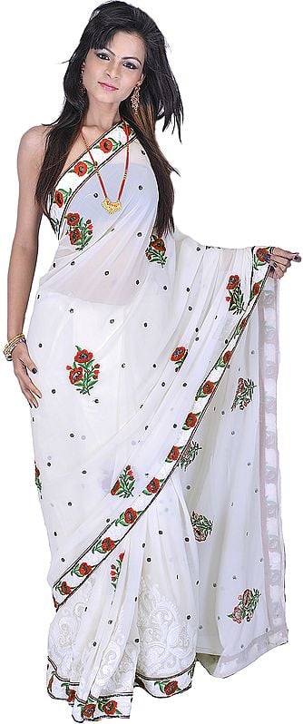 Chic-White Designer Sari with Aari-Embroidered Flowers in Multi-Color Thread and Sequins
