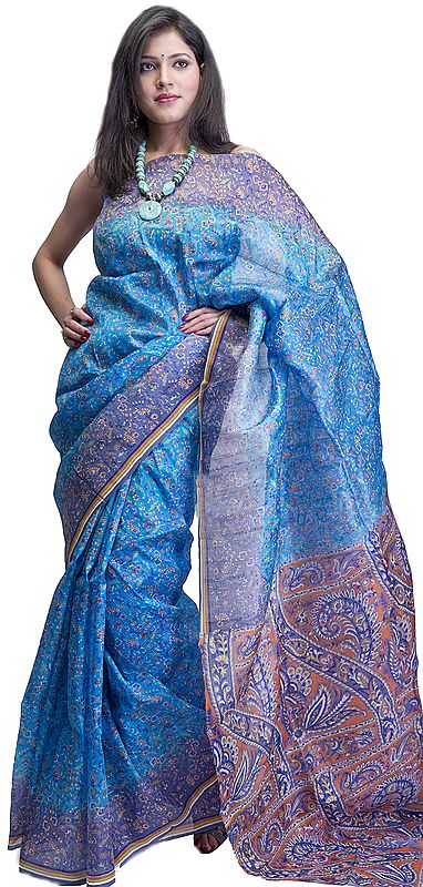 Cyan-Blue Sari from Kolkata with Printed Paisleys and Flowers All-Over