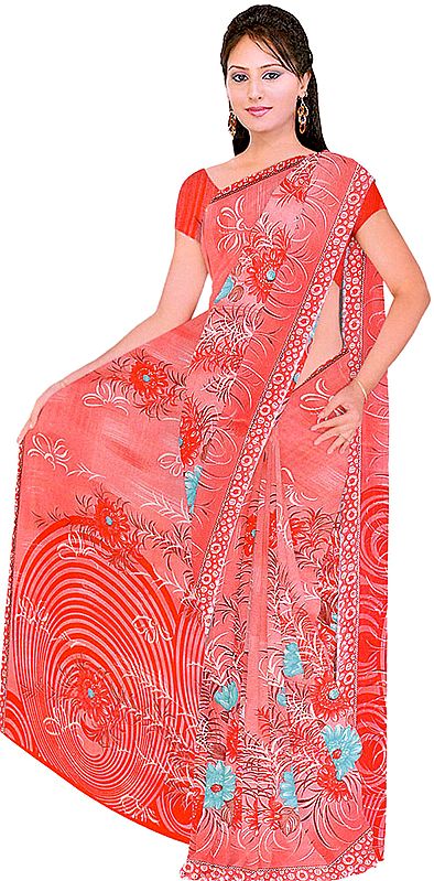Salmon Sari from Surat with Large Printed Flowers and Thread Work