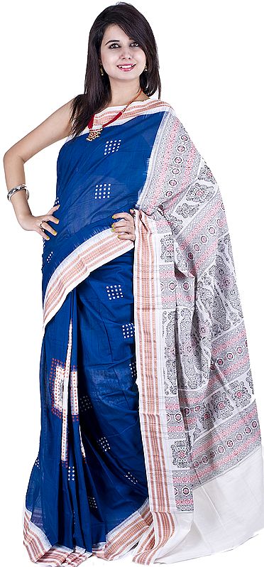 Dazzling-Blue Bomkai Sari from Orissa with Hand-woven Boootis and Rudrakhsha Border