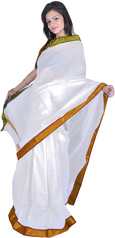 Chic-White Puja Sari with Golden Thread Weave on Border
