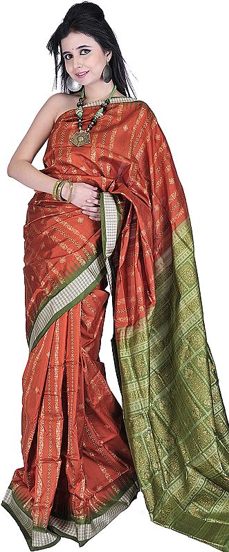Rust and Green Bomkai Hand-woven Sari from Orissa with Bootis in Golden Thread and Temple Border