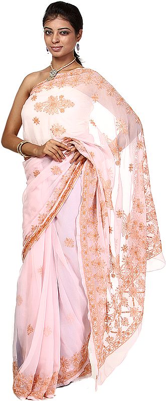 Blushing-Bride Pink Sari with Lukhnavi Chikan Embroidery by Hand