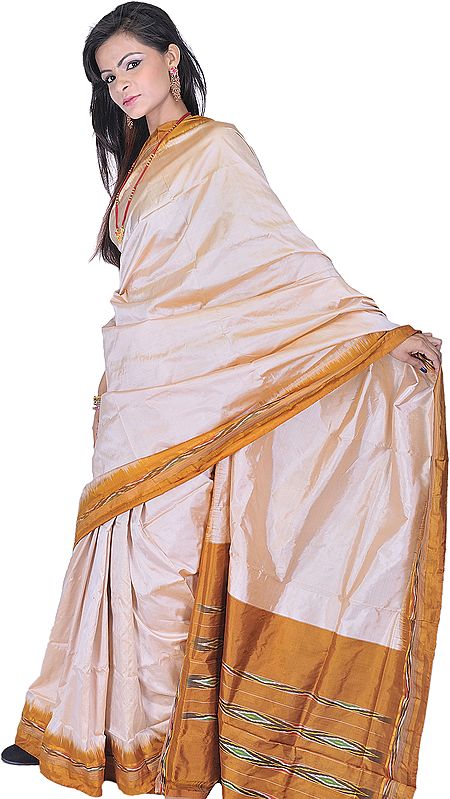 Beige and Mustard Ikat Sari Hand-Woven in Pochampally