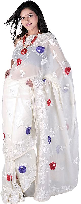 Bright-White Wedding Sari with Self-Colored Embroidered Flowers and Sequins