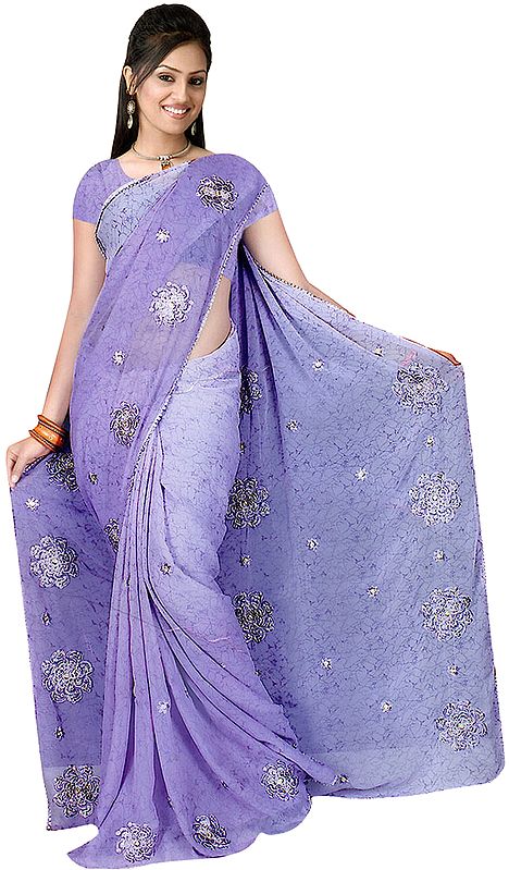 Dahlia-Purple Printed Sari with Metallic Thread Embroidered Flowers