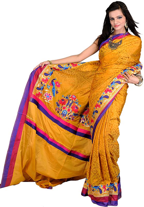 Mineral-Yellow Banarasi Sari with Hand-woven Peacocks on Border