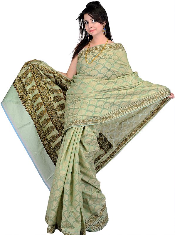 Kora Cotton Sari from Banaras with All-Over Floral Weave by Hand