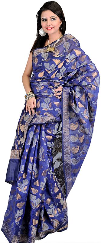 Royal-Blue Banarasi Sari with All-Over Woven Paisleys and Flowers in Copper Thread