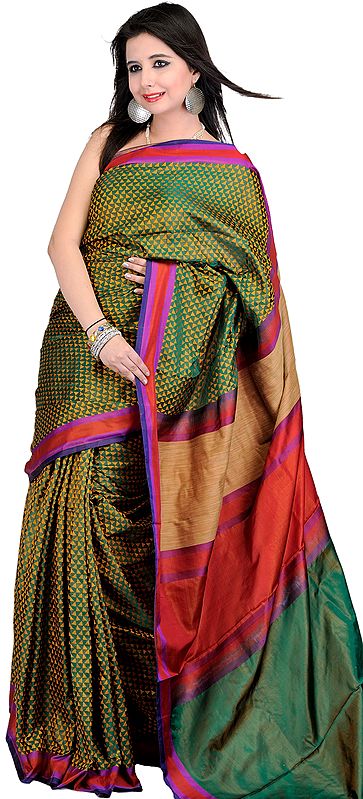 Fir-Green Banarsi Sari With All Over Woven Triangles and Jute Aanchal