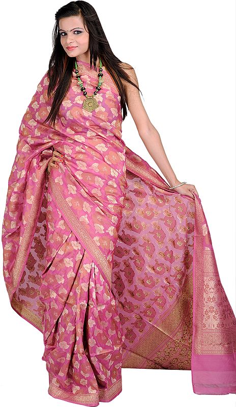 Ibis-Rose Banarasi Sari with with Hand-woven Flowers and Brocaded Aanchal
