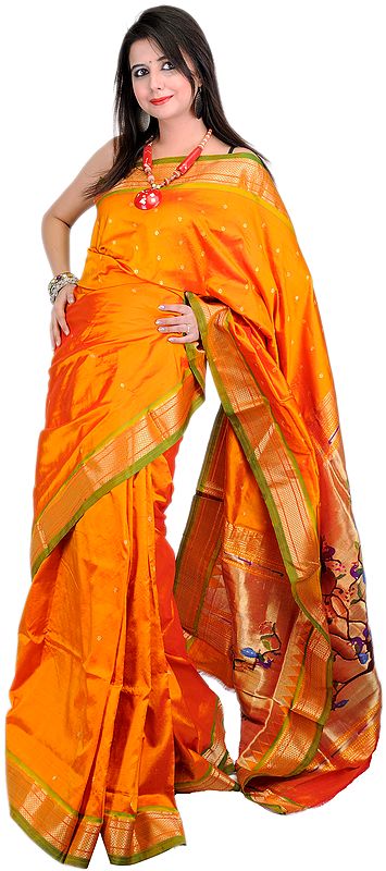 Cadmium-Yellow Authentic Paithani Sari with Peacocks Hand-woven on Anchal