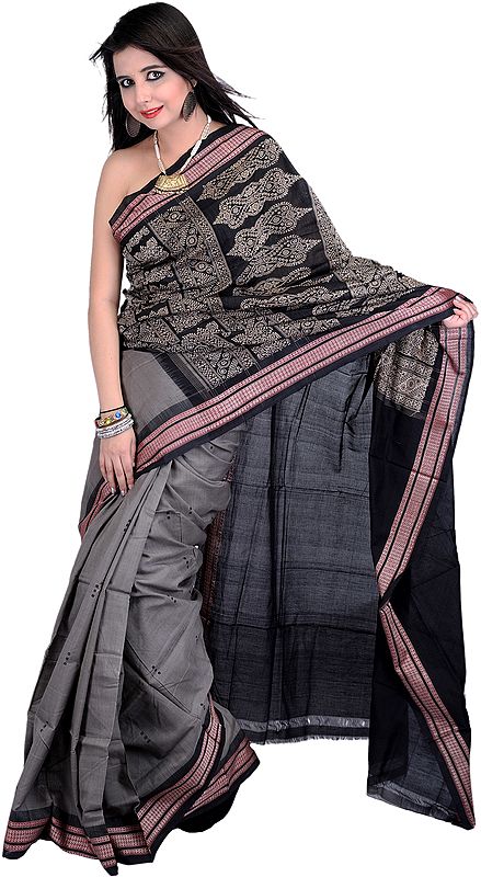 Gray and Black Bomkai Sari from Orissa with Hand-Woven Bootis and Rudraksha Border