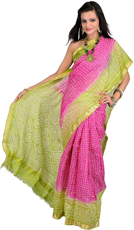 Rose-Violet and Green Bandhani Tie-Dye Gharchola Sari from Gujrat with Golden Thread Weave