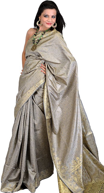 Drizzle-Gray Tanchoi Sari from Banaras with Golden Thread Weave