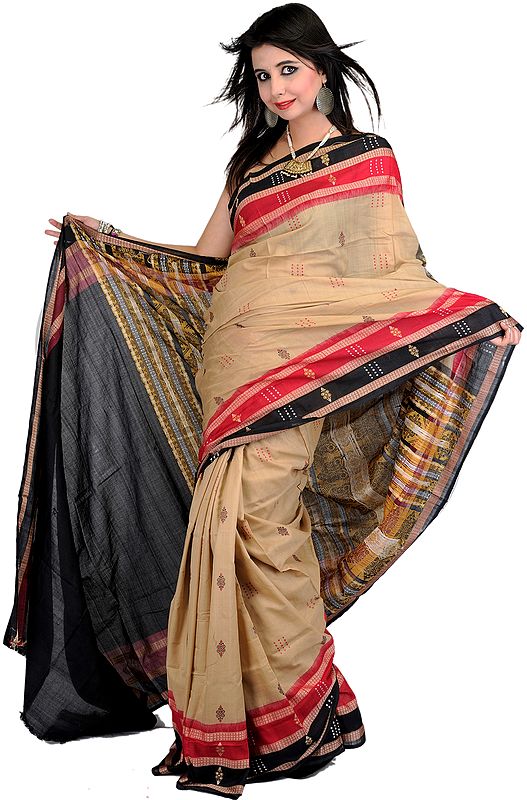 Beige and Black Bomkai Sari from Orissa with Hand-woven Boootis and Rudrakhsha Border