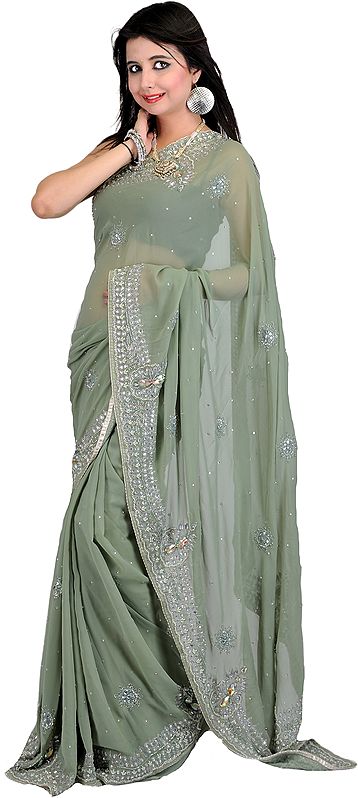 Tea-Green Wedding Sari with Hand-Embroidered Beads and Faux Pearls