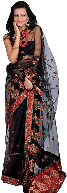 Black See-Through Sari with Metallic Thread Embroidered Flowers and Patch Border