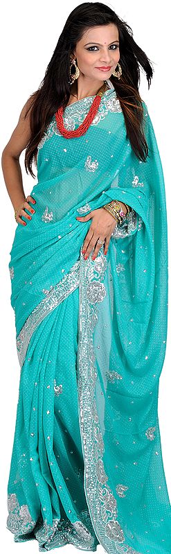 Pool-Green Mokaish Sari with Metallic Thread Embroidered Flowers and Sequins