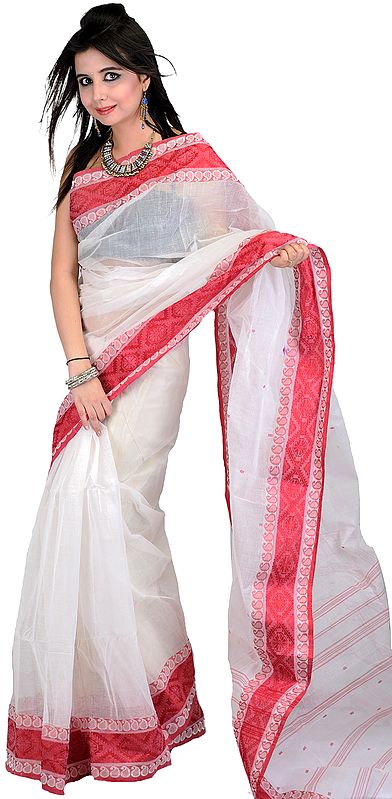 Chic-White Handwoven Dhakai Sari from Kolkata with Hand-woven Paisleys