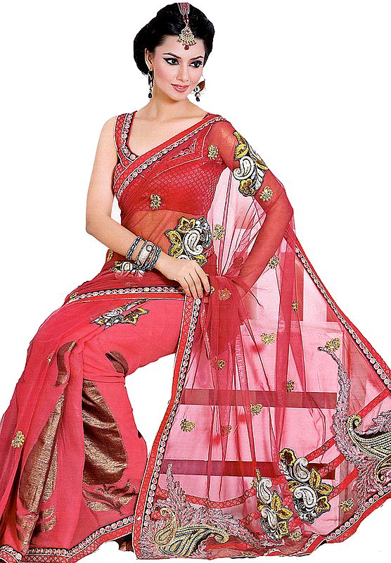 Holly-Berry Sari with Metallic Thread Embroidered Paisleys and Sequins