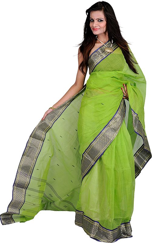 Parrot-Green Tant Sari from Kolkata with Golden Thread Weave on Border and Aanchal