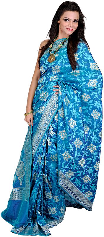 Capri-Breeze-Blue Jamdani Sari from Banaras with All-Over Woven Lotuses by Hand