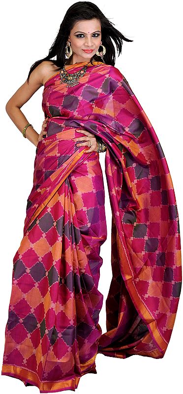 Rose-Violet Gujarati Patan Patola Sari with Ikat Weave