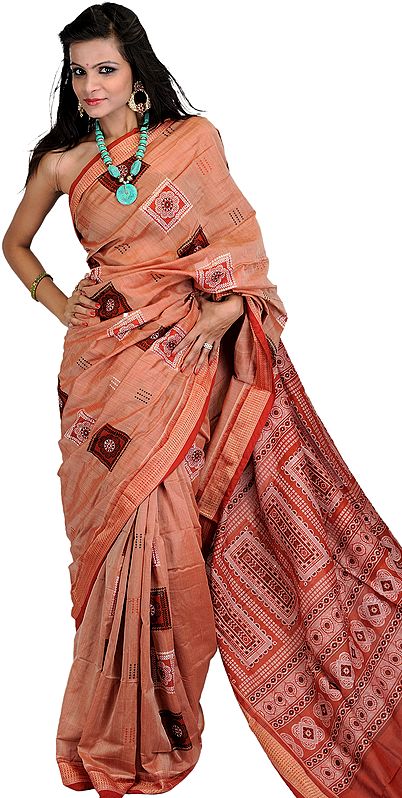 Terra Cotta Bomkai Sari from Orissa with Hand-woven Boootis and Rudrakhsha Border