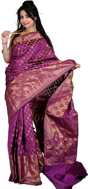 Hyacinth-Violet Banarasi Sari with All-Over Woven Bootis and Brocaded Aanchal