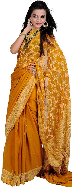 Arrowwood-Yellow Banarasi Handloom Sari with All-Over Woven Flowers and Meenakari Border