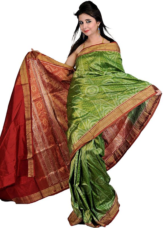 Green-Eyes Sambhalpuri Handloom Tissue Sari from Orissa with Ikat Weave