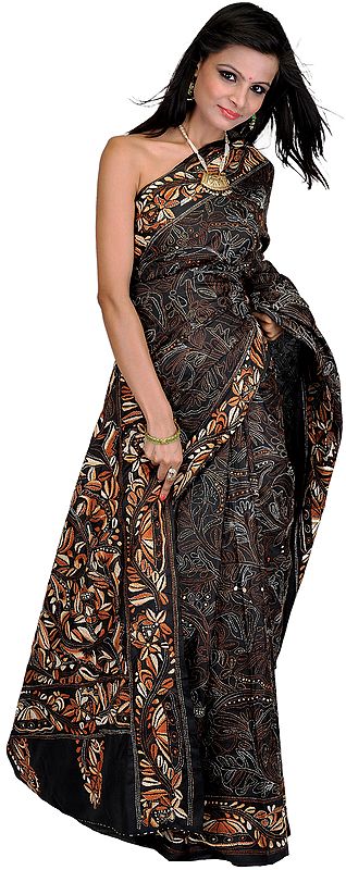 Black Sari with Kantha Stitched Embroidered Flowers by Hand