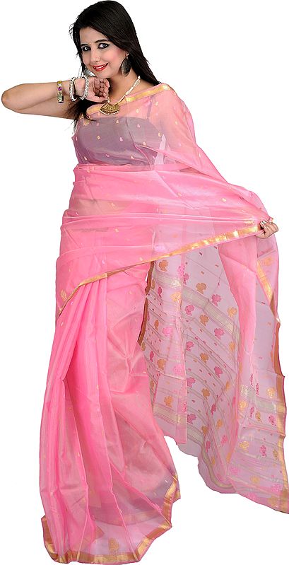 Morning Glory-Pink Chanderi Sari with All-Over Woven Bootis and Golden Border