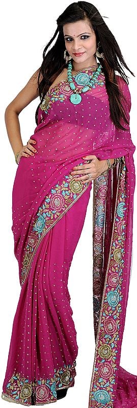 Fuchsia-Red Wedding Sari with Crewel Embroidered Flowers and Sequins