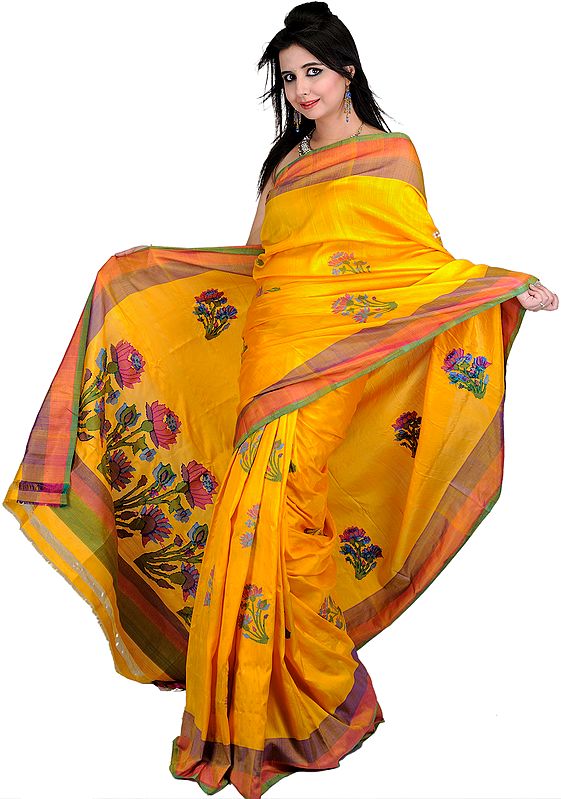 Citrus-Yellow Banarasi Sari with Hand-Woven Flowers and Striped Aanchal
