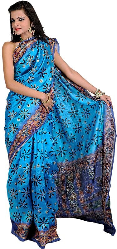 Aquarius-Blue Printed Sari from Kolkata with Metallic Thread Embroidered Flowers and Sequins