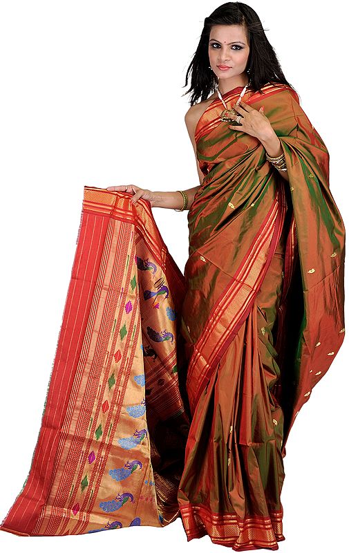 Boa-Green and Red Authentic Paithani Sari with Peacocks Hand-woven on Anchal