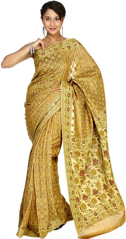 Mustard-Gold Banarasi Sari with All-Over Woven Flowers and Meenakari Border