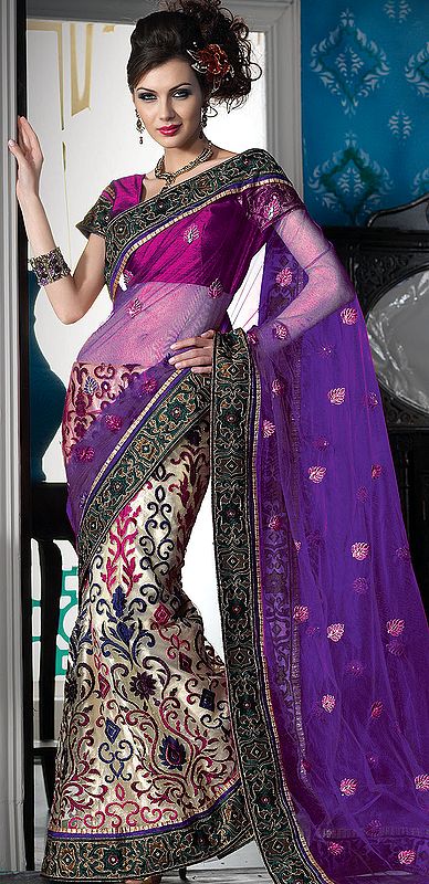 Beige and Purple Bridal Lehenga-Sari with Metallic Thread Embroidered Flowers and Patch Border