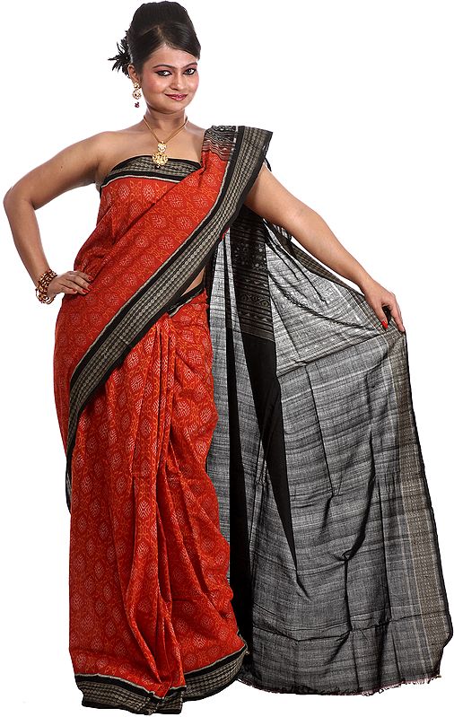 Mecca-Orange and Black Sambhalpuri Sari from Orissa with Ikat Weave