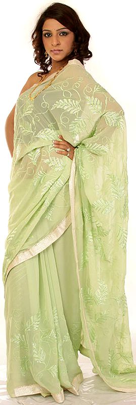 Pistachio-Green Designer Sari with Thread Embroidered Sequins and Patch Border