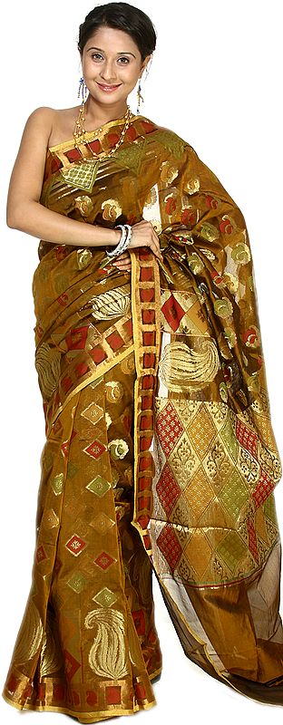 Mustard Banarasi Sari with Woven Paisleys and Brocaded Aanchal